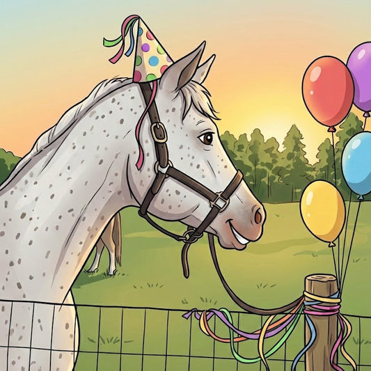 cartoon style horse with a party hat and balloons in a field