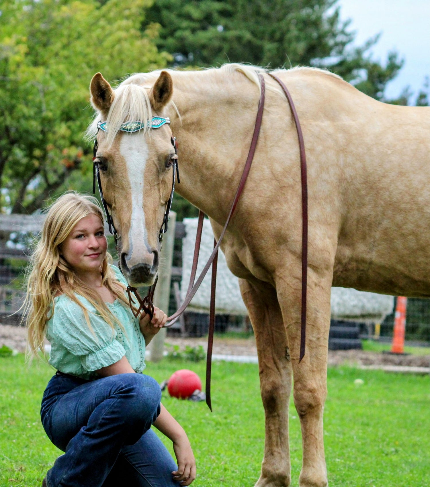Young girl kneeling next to a horse in an outdoor setting