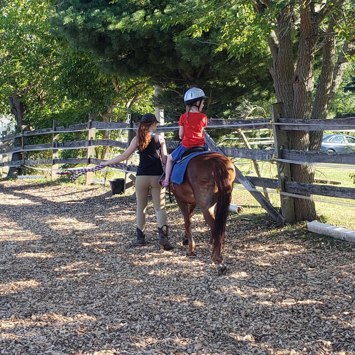 Person teaching a child how to ride a horse in an outdoor setting with trees and a fence.